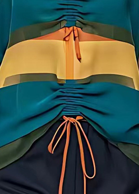 French Colorblock V Neck Drawstring Chiffon Vest Summer
