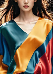 French Colorblock V Neck Patchwork Silk Top Summer
