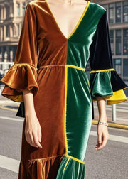 French Colorblock V Neck Patchwork Silm Fit Silk Velvet Dresses Flare Sleeve