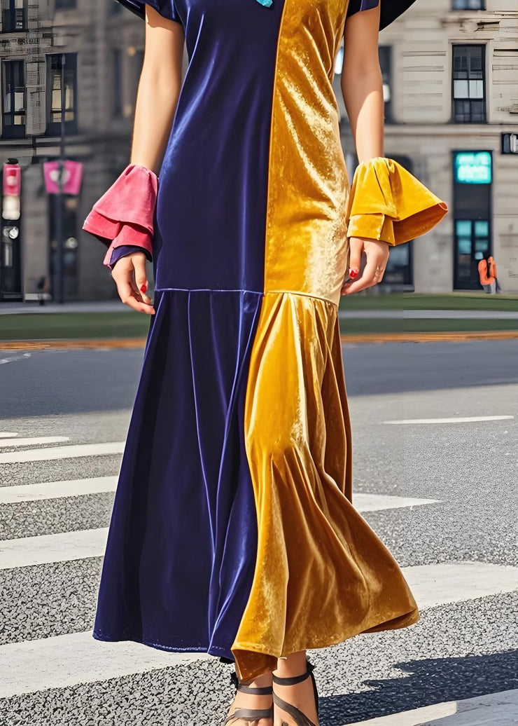 French Colorblock V Neck Patchwork Velvet Long Dress Butterfly Sleeve