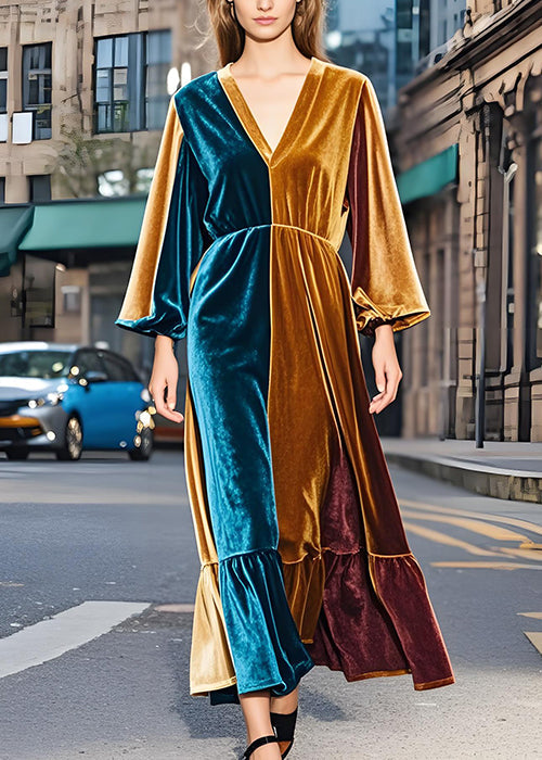 French Colorblock V Neck Patchwork Velvet Long Dress Fall