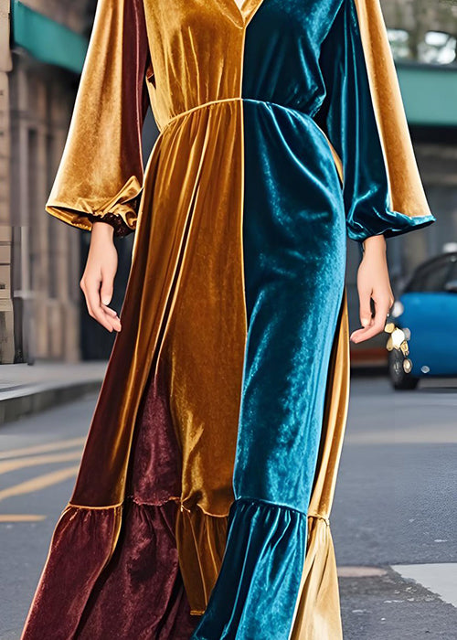 French Colorblock V Neck Patchwork Velvet Long Dress Fall