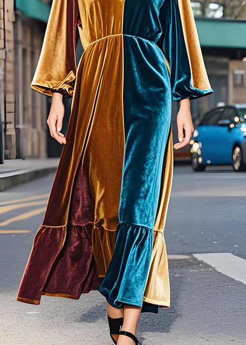 French Colorblock V Neck Patchwork Velvet Long Dress Fall