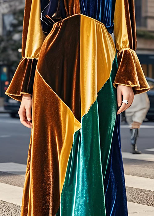 French Colorblock V Neck Patchwork Velvet Long Dresses Flare Sleeve