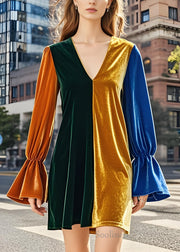 French Colorblock V Neck Patchwork Velvet Mid Dress Fall