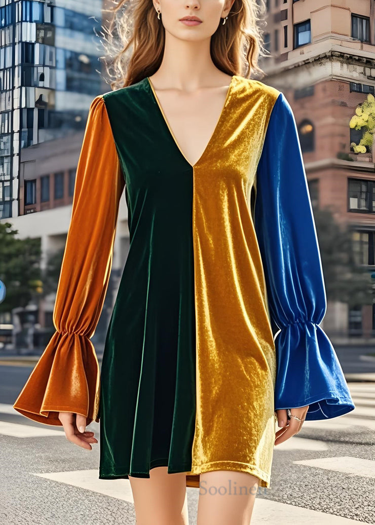 French Colorblock V Neck Patchwork Velvet Mid Dress Fall