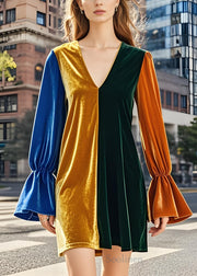 French Colorblock V Neck Patchwork Velvet Mid Dress Fall