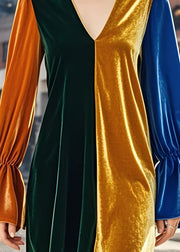 French Colorblock V Neck Patchwork Velvet Mid Dress Fall