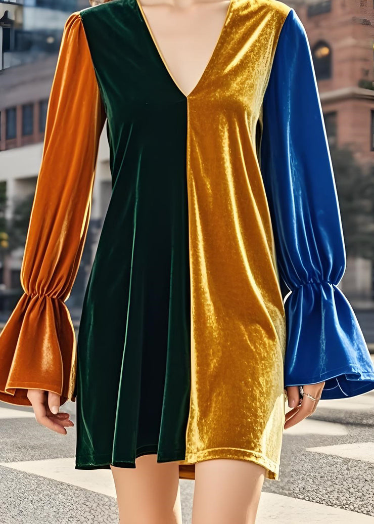 French Colorblock V Neck Patchwork Velvet Mid Dress Fall