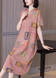 French Colorblock V Neck Print Patchwork Linen Dresses Summer