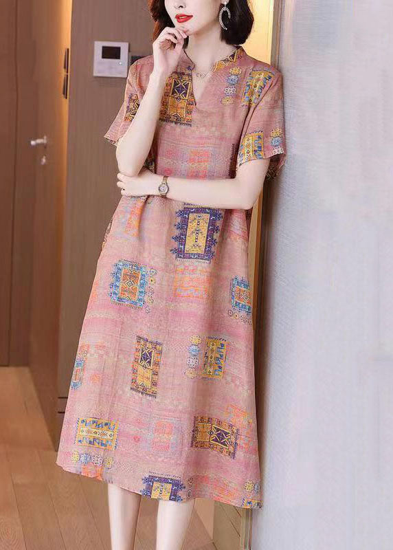 French Colorblock V Neck Print Patchwork Linen Dresses Summer