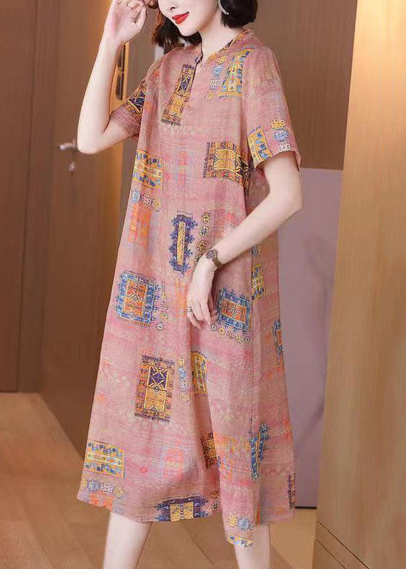 French Colorblock V Neck Print Patchwork Linen Dresses Summer