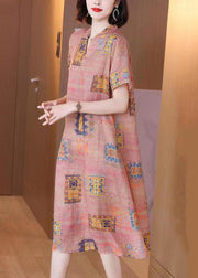 French Colorblock V Neck Print Patchwork Linen Dresses Summer