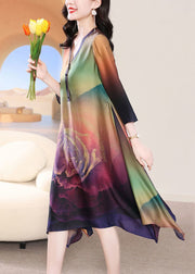 French Colorblock V Neck Print Silk Long Dress Bracelet Sleeve