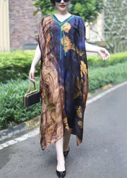 French Colorblock V Neck Print Silk Long Dress Summer