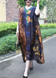 French Colorblock V Neck Print Silk Long Dress Summer