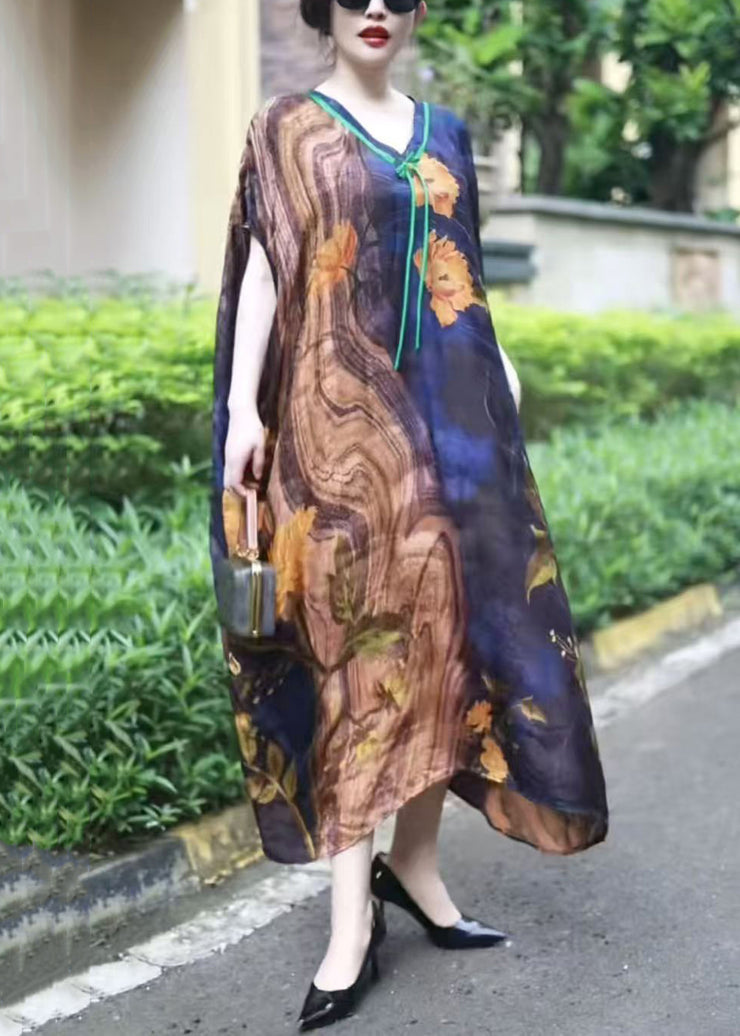 French Colorblock V Neck Print Silk Long Dress Summer