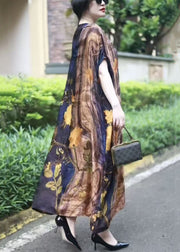 French Colorblock V Neck Print Silk Long Dress Summer