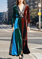 French Colorblock V Neck Sashes Velvet Long Dresses Fall