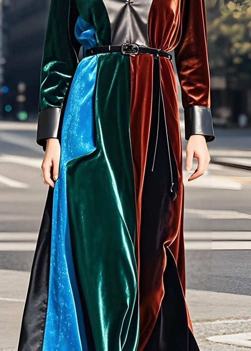 French Colorblock V Neck Sashes Velvet Long Dresses Fall