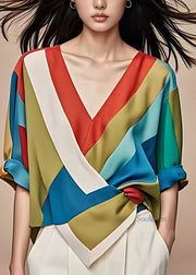 French Colorblock Wrinkled Chiffon T Shirts Summer
