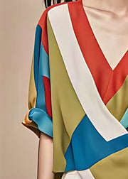 French Colorblock Wrinkled Chiffon T Shirts Summer