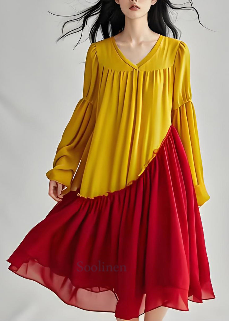 French Colorblock Wrinkled Patchwork Chiffon Mid Dresses Long Sleeve