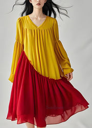 French Colorblock Wrinkled Patchwork Chiffon Mid Dresses Long Sleeve