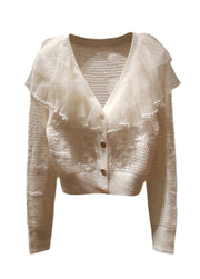 French Cute Beige Tulle Ruffled Patchwork Knit Cardigans Spring