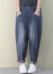 French Dark Blue Elastic Waist Pockets Patchwork Cotton Denim Pants Spring