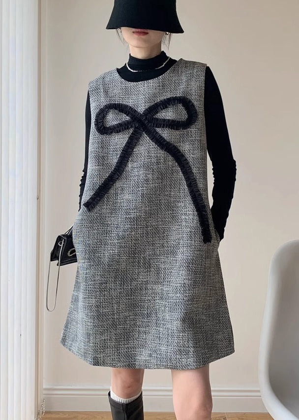 French Dark Gray Bow Dress And Black Tops Cotton Two Piece Set Spring