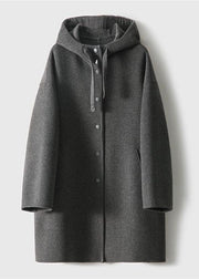 French Dark Gray Drawstring Button Hoodie Wool Blend Coat Long Sleeve