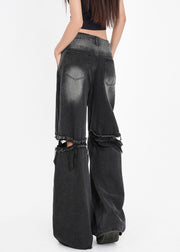 French Dark Gray Pockets Hole Patchwork Pants Summer
