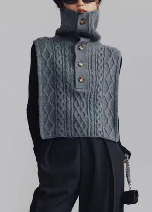 French Dark Gray Turtleneck Button Cable Knit Waistcoat Sleeveless