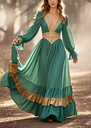 French Dark Green Cinched Patchwork Ruffles Vestidos Dress Spring