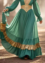 French Dark Green Cinched Patchwork Ruffles Vestidos Dress Spring