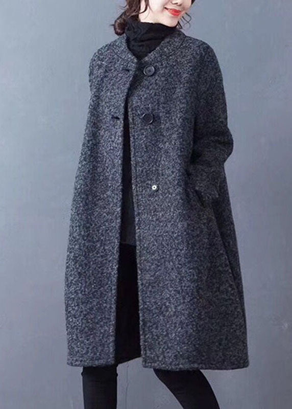 French Dark Grey O-Neck Oversized Solid Woolen Coat Outwear Winter