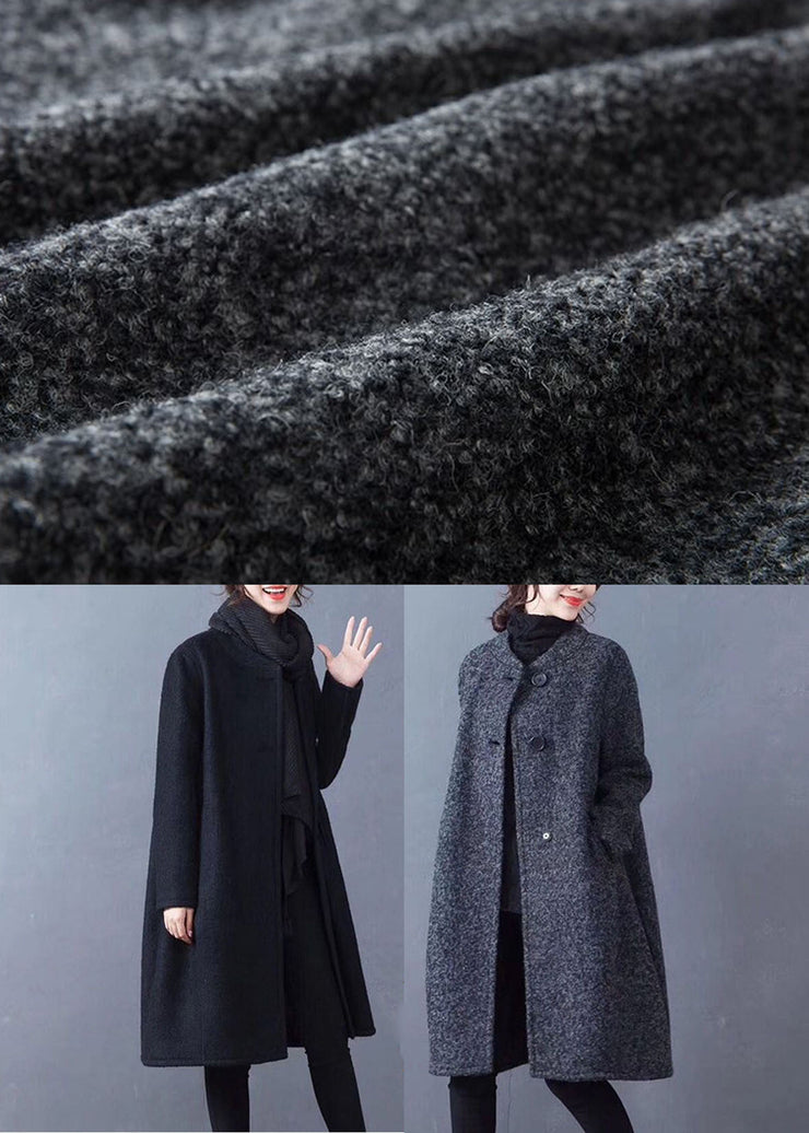 French Dark Grey O-Neck Oversized Solid Woolen Coat Outwear Winter