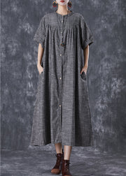 French Dark Grey Oversized Striped Linen A Line Dresses Summer