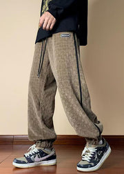 French Dark Khaki Plaid Elastic Waist Cotton Mens Pants Spring