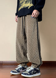 French Dark Khaki Plaid Elastic Waist Cotton Mens Pants Spring