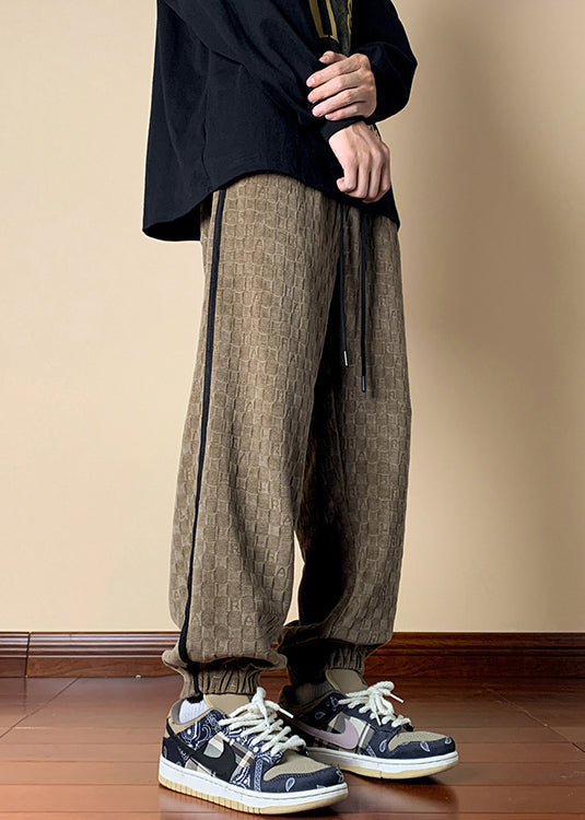 French Dark Khaki Plaid Elastic Waist Cotton Mens Pants Spring