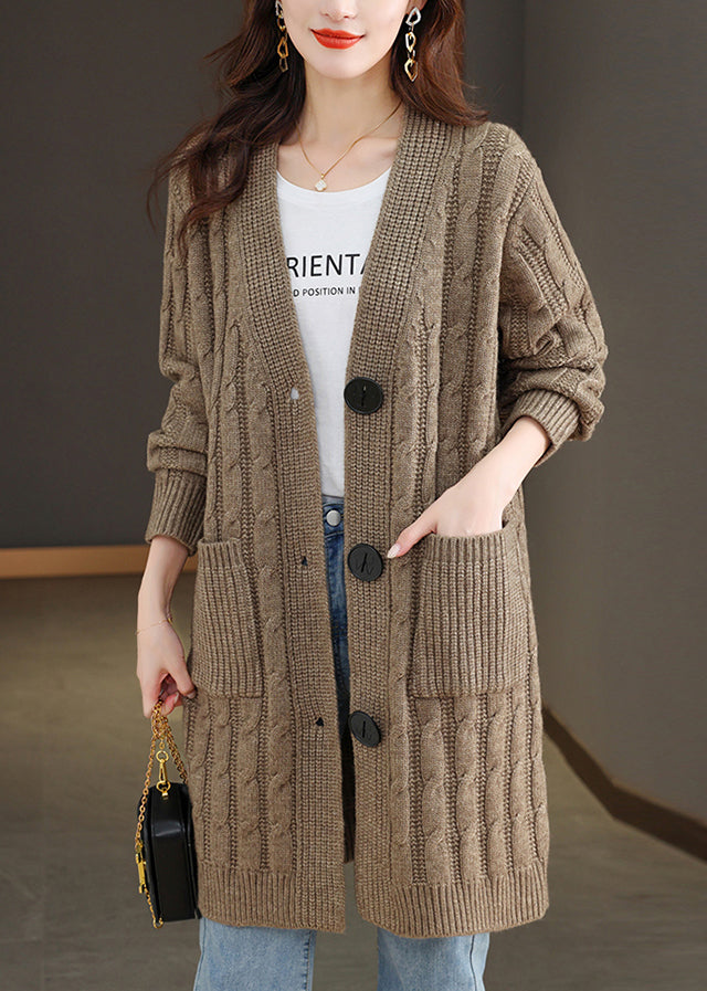 French Dark Khaki V Neck Button Wool Knit Cardigan Fall