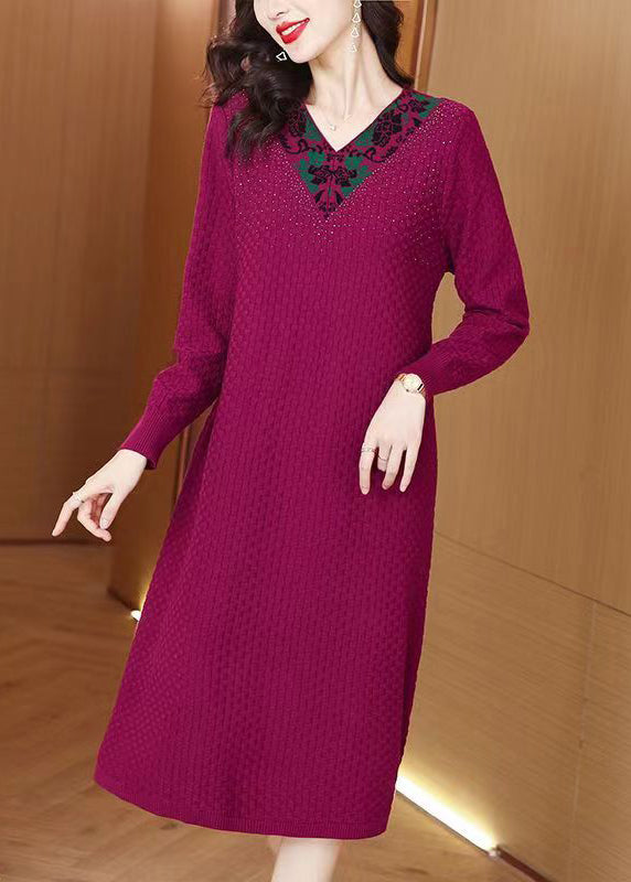 French Dark Purple V Neck Zircon Knit Sweater Dress Winter