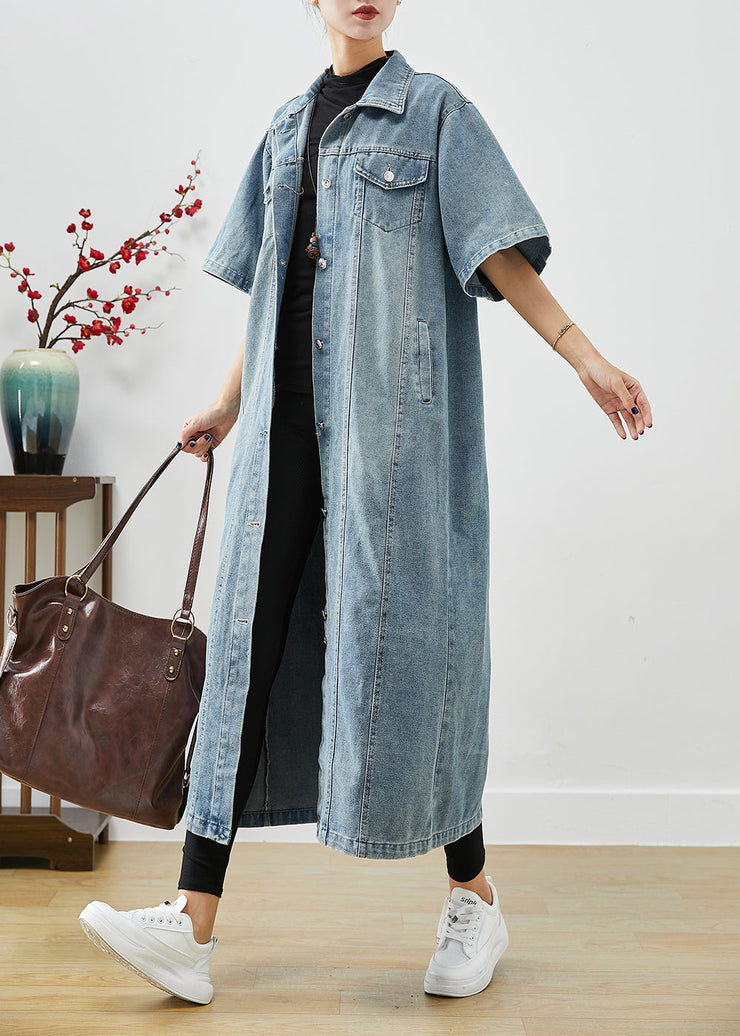 French Denim Blue Oversized Pockets Cotton Trench Short Sleeve