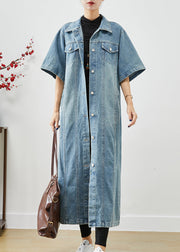 French Denim Blue Oversized Pockets Cotton Trench Short Sleeve