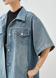 French Denim Blue Oversized Pockets Cotton Trench Short Sleeve