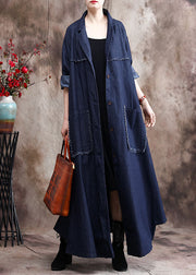 French Denim Blue Peter Pan Collar Patchwork Tassel Cotton Trench Coats Long Sleeve