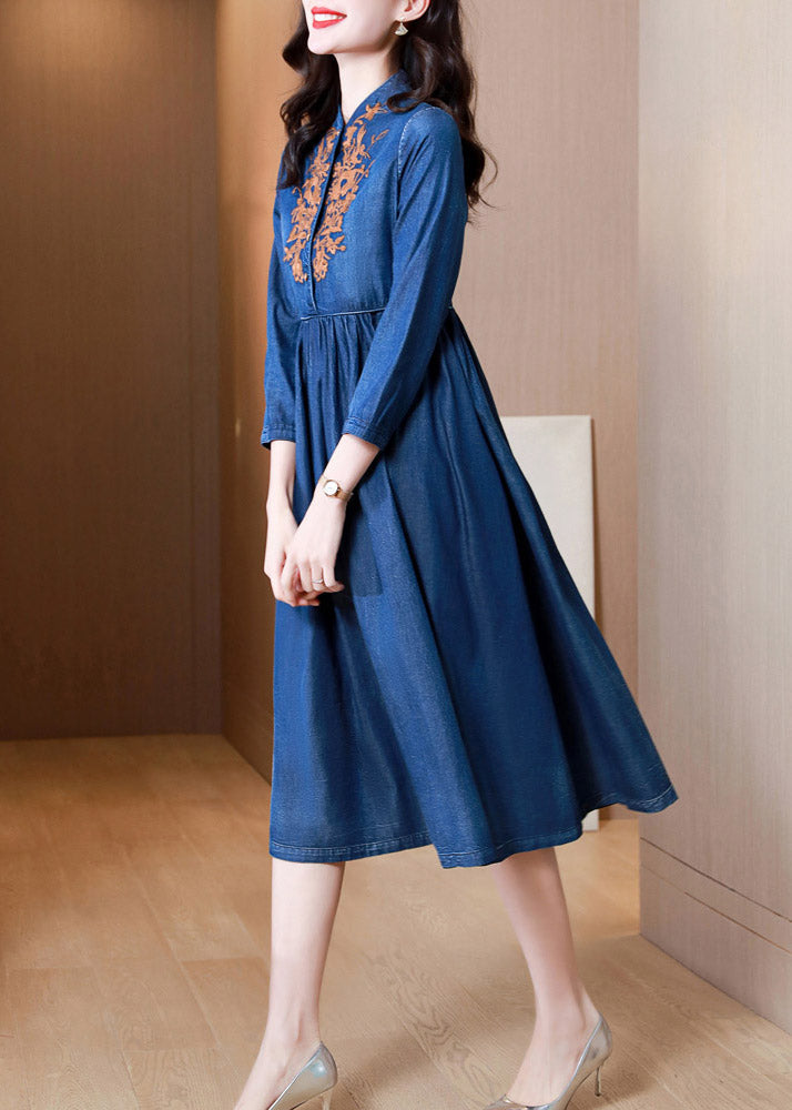 French Denim Blue V Neck Embroideried Patchwork Elastic Waist Cotton Long Dresses Spring