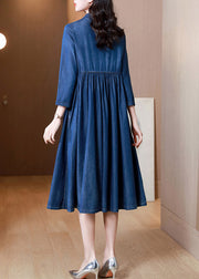 French Denim Blue V Neck Embroideried Patchwork Elastic Waist Cotton Long Dresses Spring